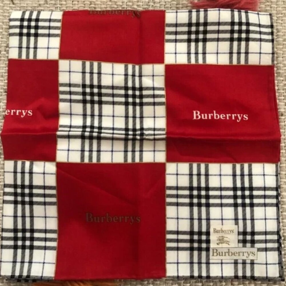 New Burberry London Handkerchief Scarf Pocket Square Classic Plaid Red Logo